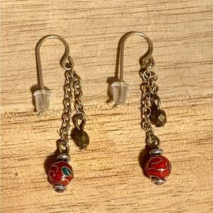 Elegant Red and Gold Dangle Earrings featuring red cloisonné enamel beads.